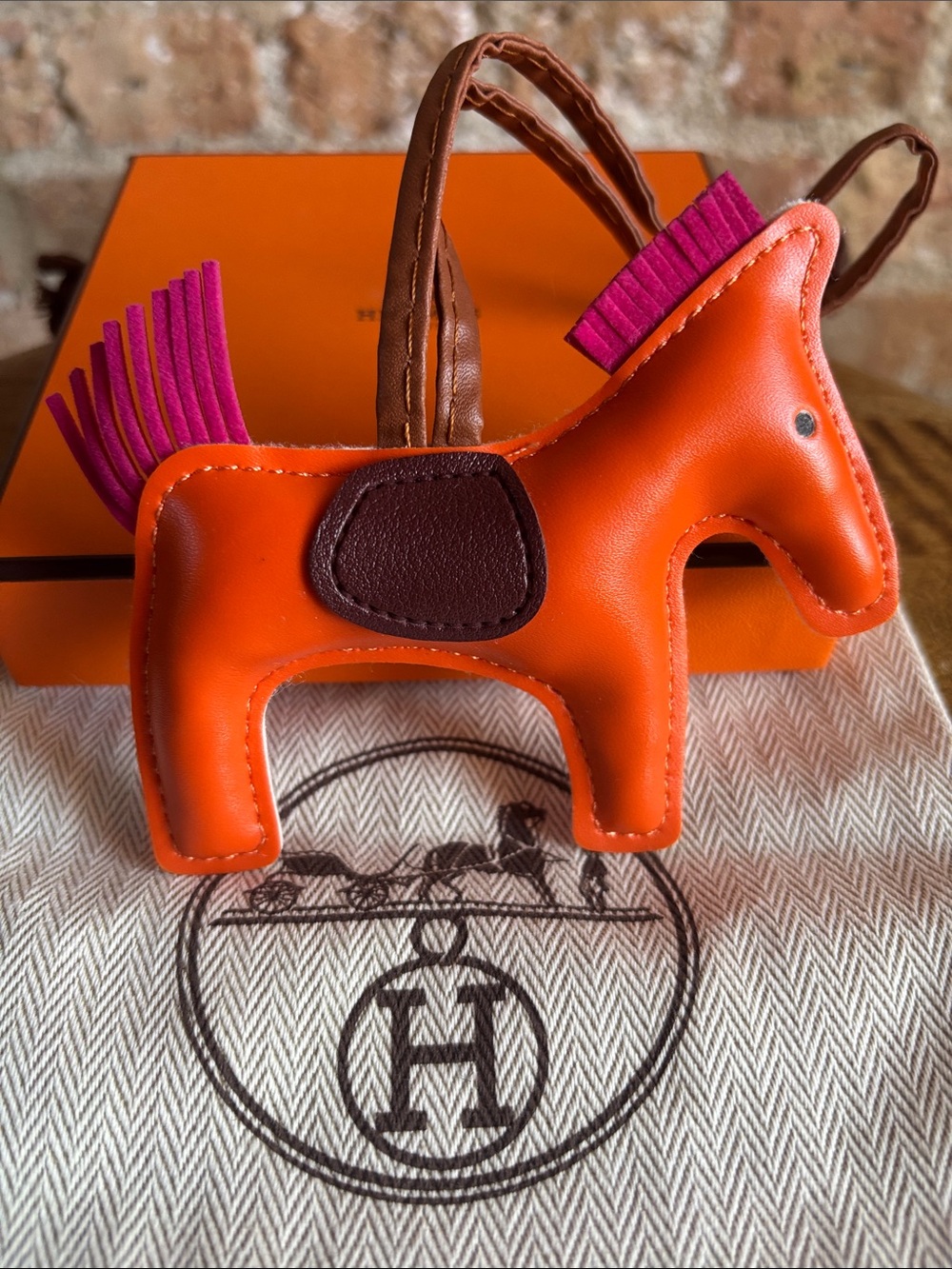 Hermes Orange Leather Horse Bag Charm with Pink Mane